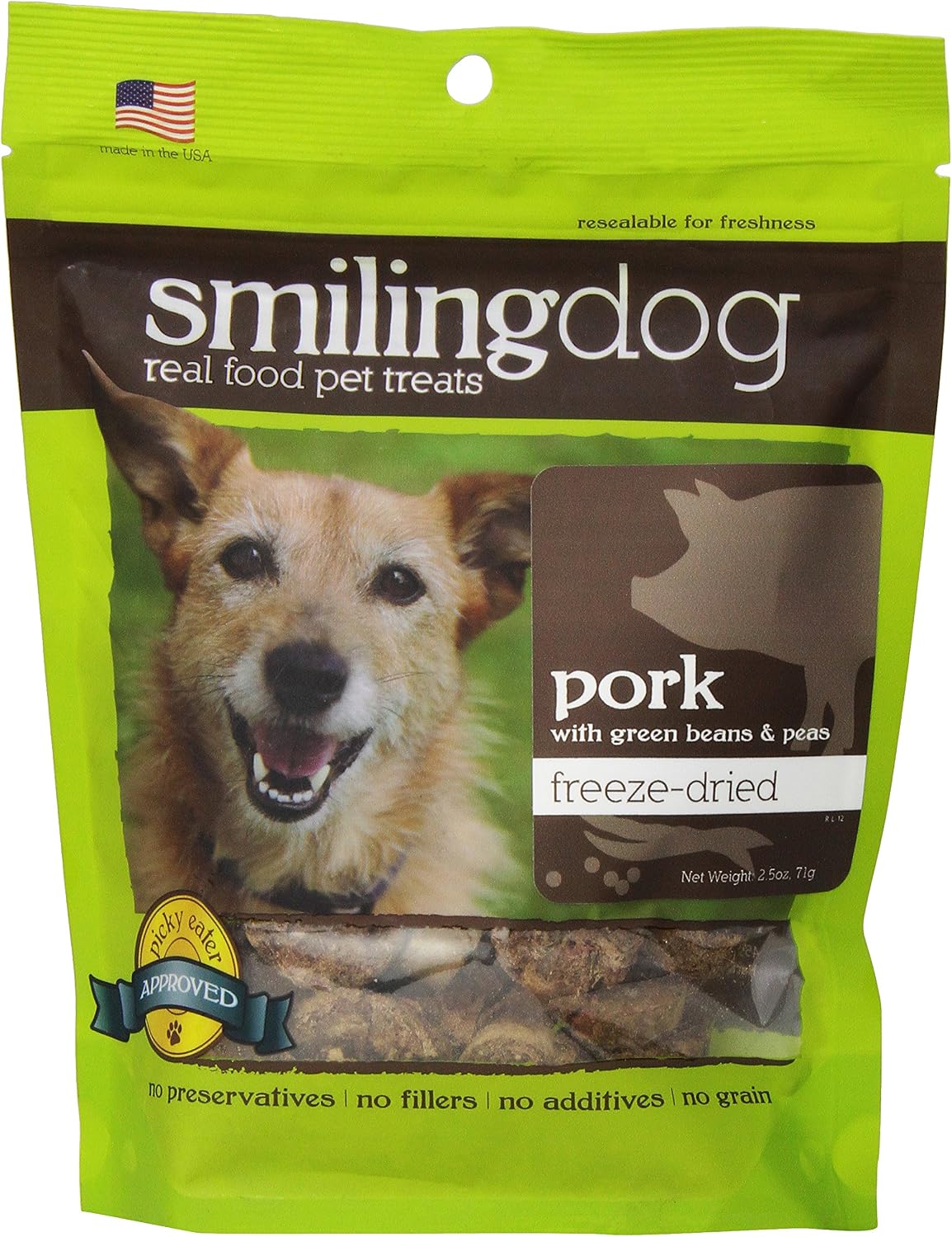 Herbsmith Smiling Dog Freeze Dried Pork With Green Beans And Peas Treats For Dogs And Cats, 2.5-Ounce