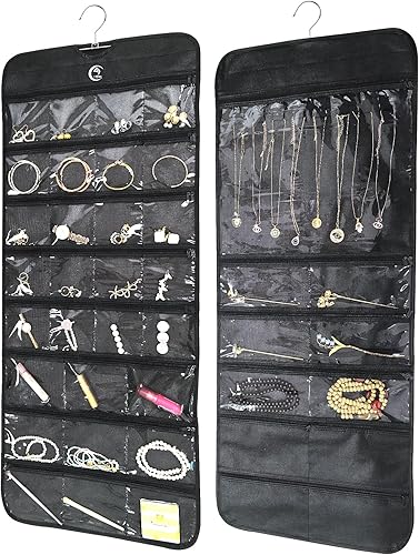 Organizador de joyas colgante con múltiples bolsillos de doble cara para aretes, collares, anillos en el armario, pared, puerta, 1 pieza, grande,