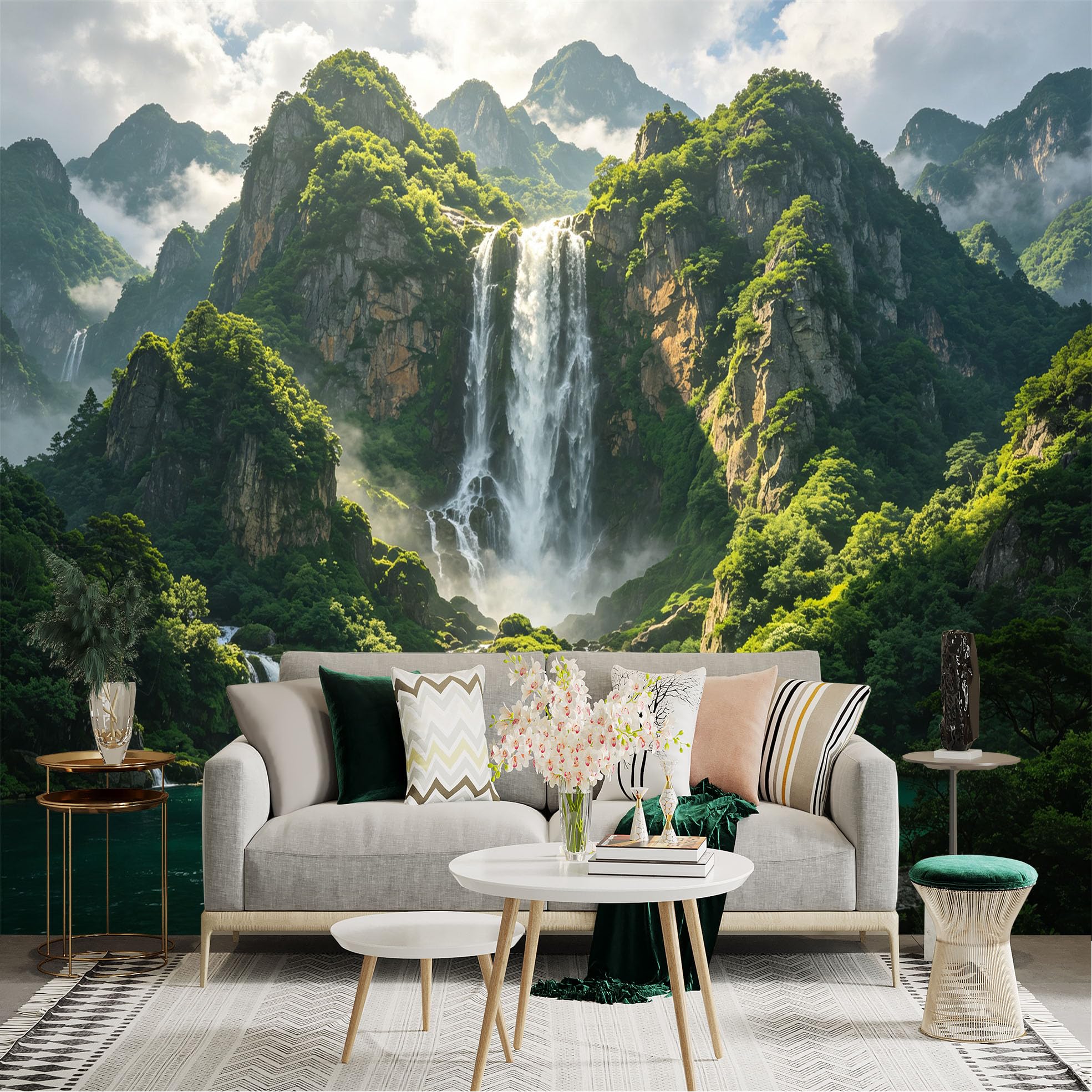 Custom Size Wall Sticker Mural， Majestic Waterfall in Lush Green Mountains， Tropical Rainforest Scenery， Tranquil Nature Lake View， for wall Decoration， peelandstick wall Decals.