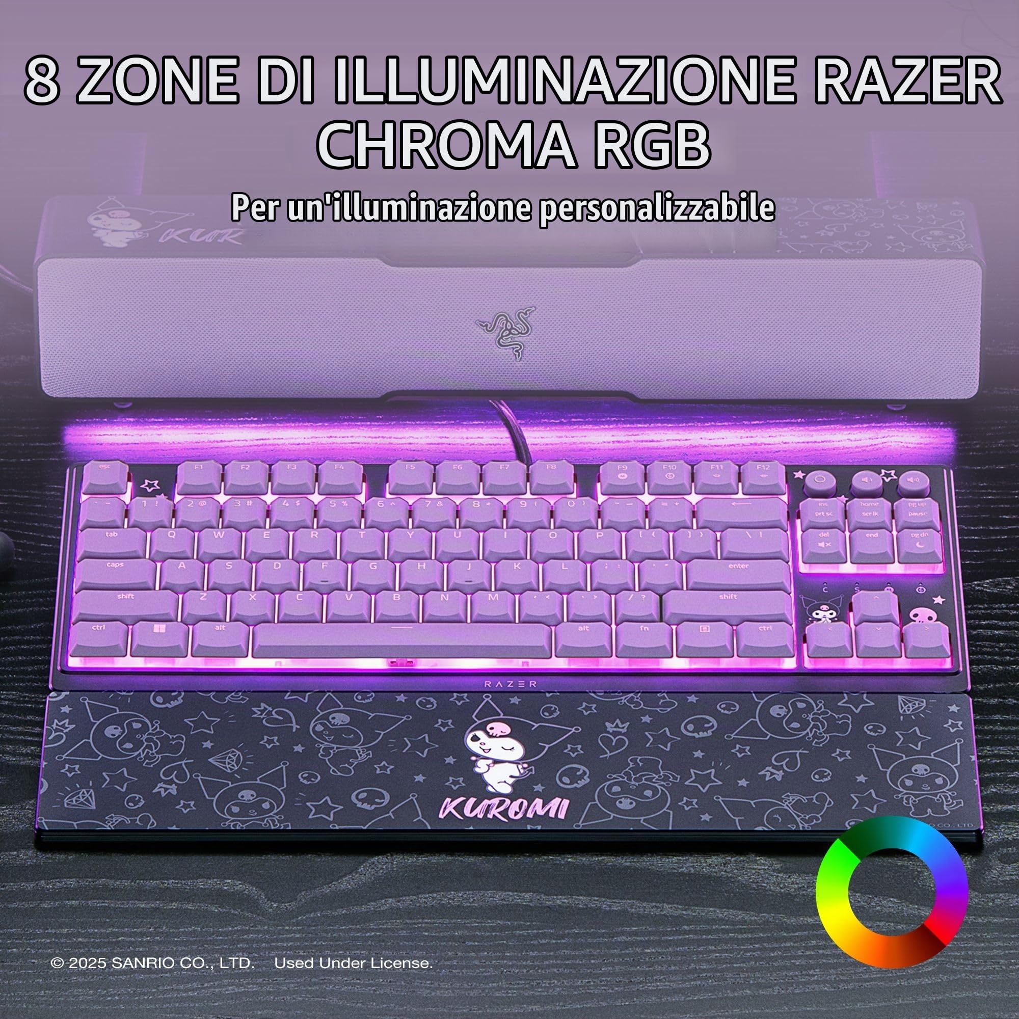 Razer Ornata V3 TKL: tasti discreti, interruttori a membrana meccanica, tasti rivestiti con UV, tasti multimediali retroilluminati, illuminazione RGB a 8 zone, poggiapolsi