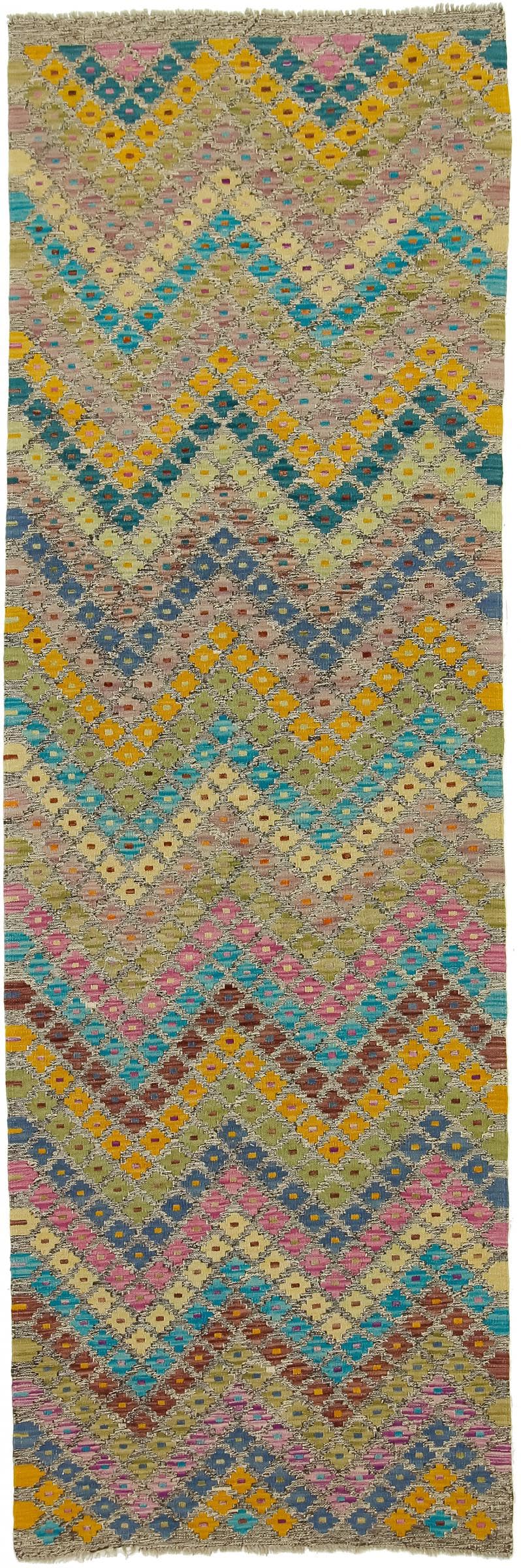 Tapis Kilim afghan tissé main en laine véritable 93x288 pour couloir