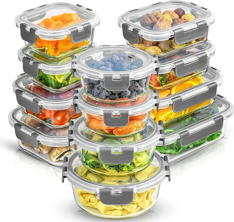 JoyJolt 24 recipientes de almacenamiento de vidrio de borosilicato con tapas | 12 recipientes de almacenamiento de alimentos herméticos/apto para congelador para despensa y cocina | Contenedor de preparación de comidas para el almuerzo | Juego de tuppers de cristal