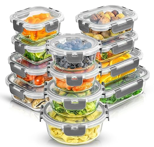 JoyJolt 24pc Borosilicate Glass Storage Containers with Lids | 12 Airtight/Freezer Safe Food Storage Containers for Pantry and Kitchen | Meal Prep Container for Lunch | Glass Tupperware Set