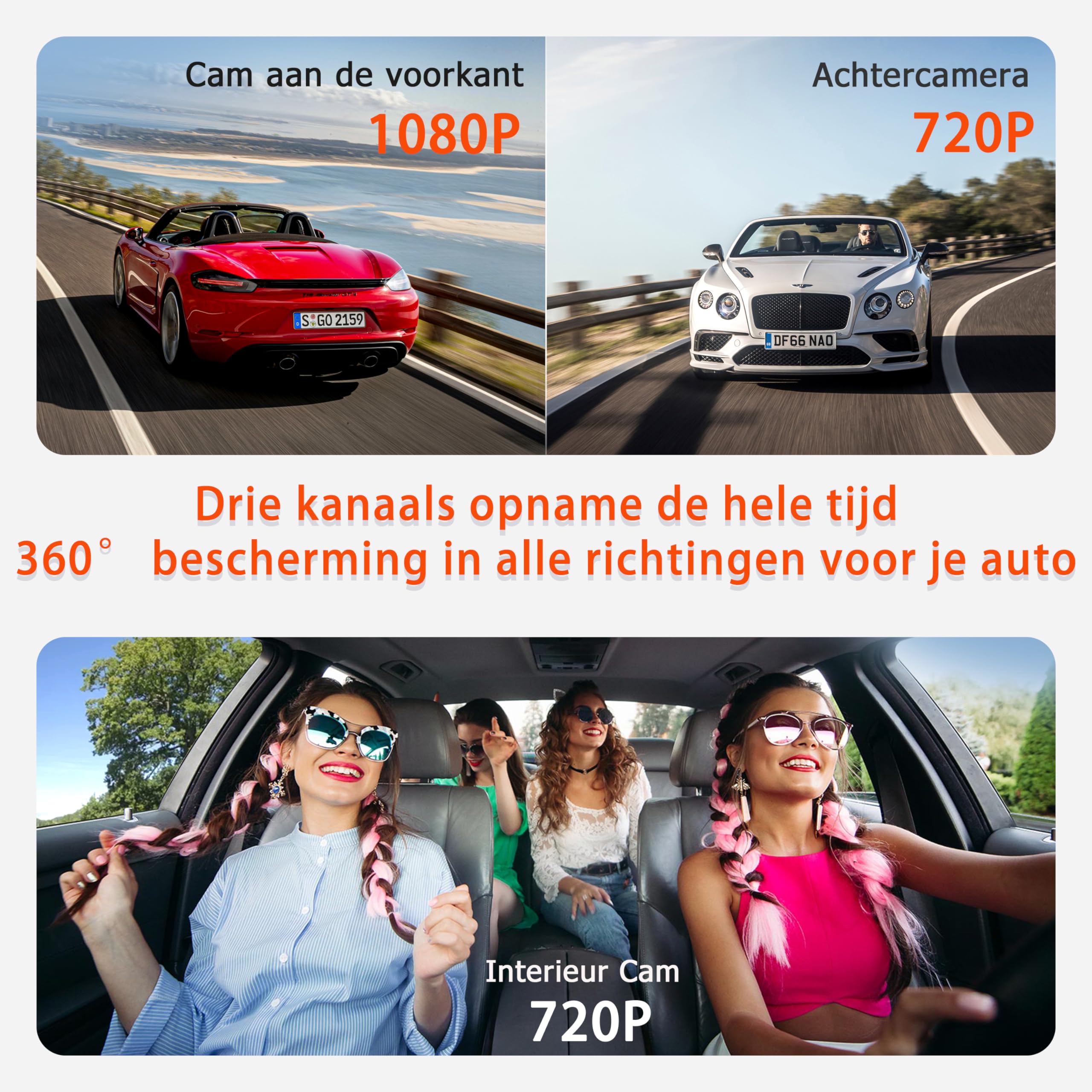 Neideso 360° dashcam voor, achter en binnen, 4-kanaals 3K 3 * 1080P, 5GHz Wi-Fi GPS, Spraakbediening, 4K 1080P*2 dashcamera voor auto's, CPL-filter, gratis 64 GB SD-kaart, nachtzicht, 24 uur