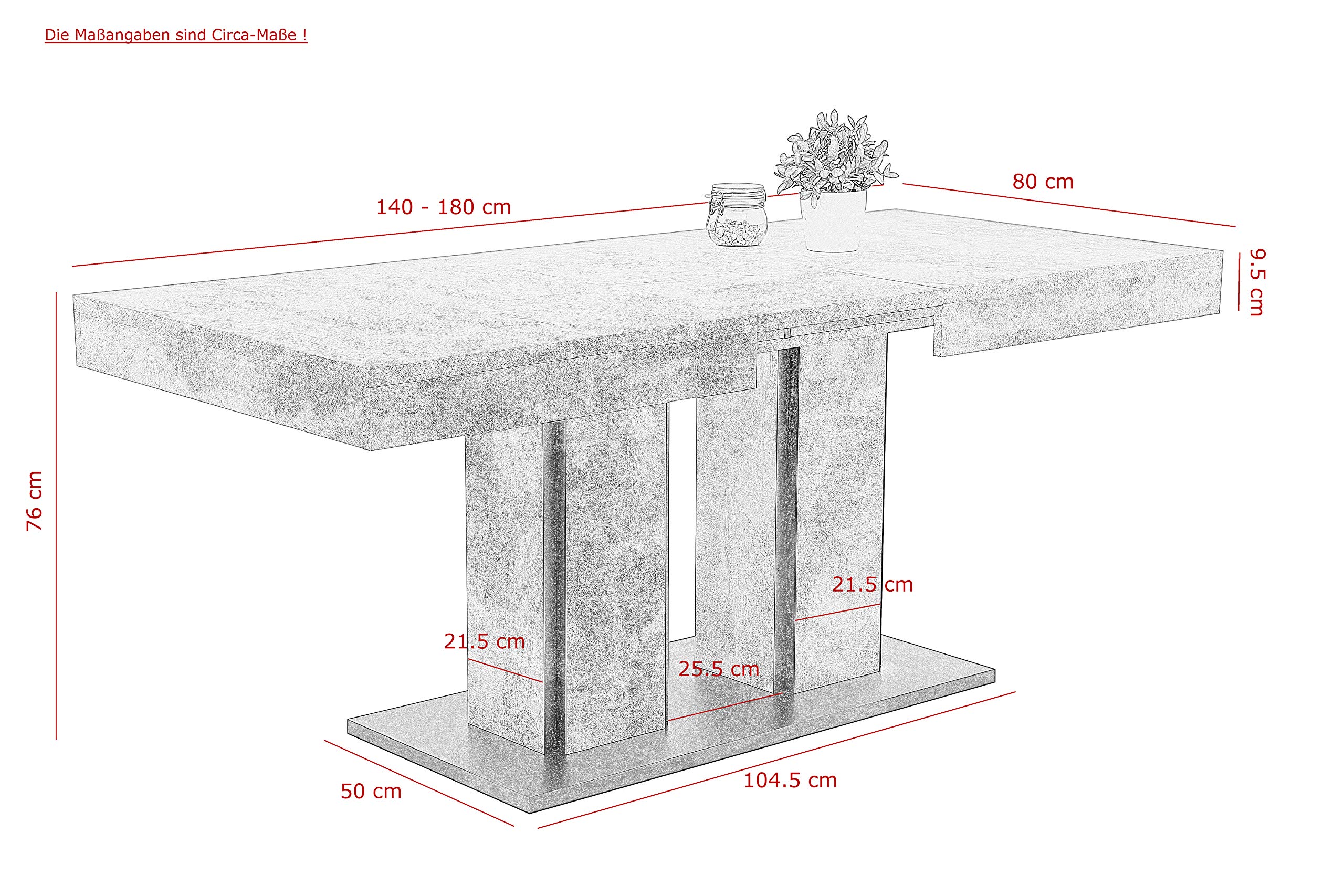 Hela Tische, Rose - Tavolo a colonna per sala da pranzo, prodotto in legno derivato rivestito in melamina, effetto cemento, 2 gambe a colonna e piastra base, allungabile, 140-180 x 80 cm