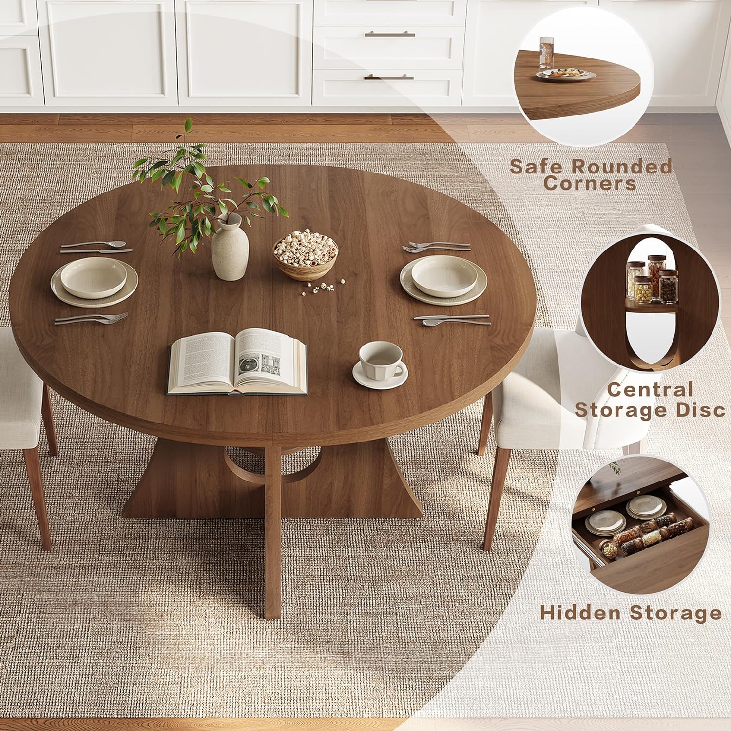 Extendable Round Dining Table for 4-8, 43.3" to 59" Oval Kitchen Table with Removable Leaves, Modern Farmhouse Round Table with Storage Shelf, Space Saving Dining Room Table (Walnut)