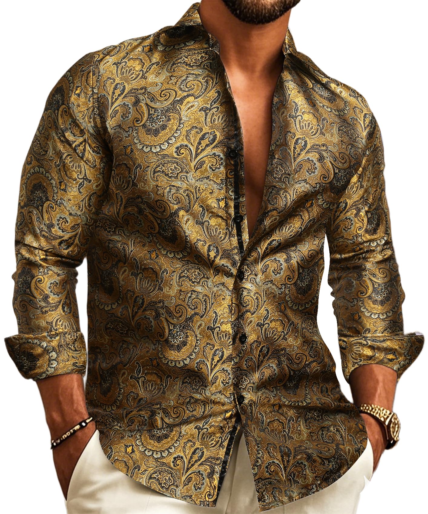 Barry.Wang Camicia da uomo in seta di lusso cachemire floreale a maniche lunghe grande e alta festa di nozze casual business camicie formali verde S-3XL