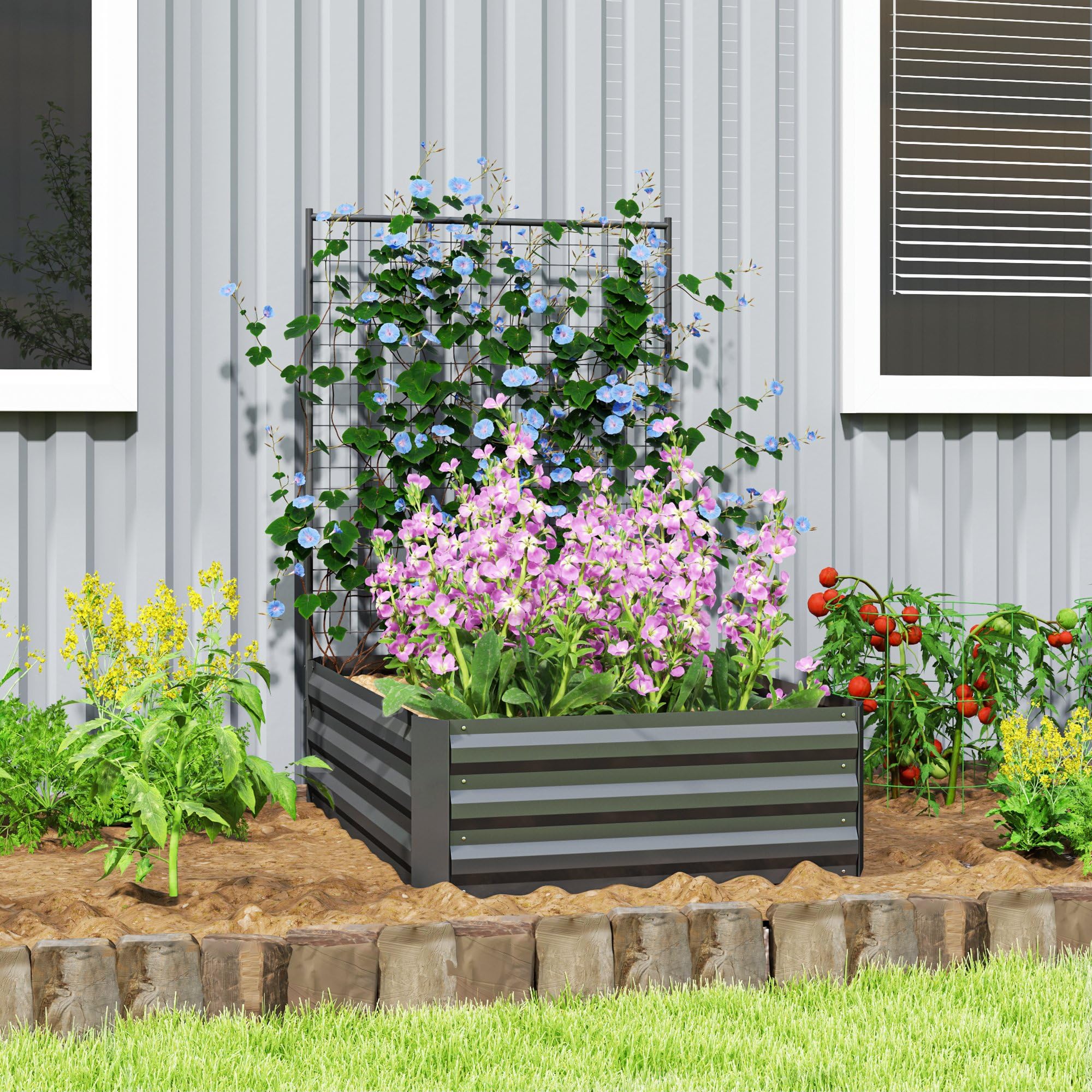Outsunny Jardinera Exterior Grande de Acero Galvanizado Jardinera de Exterior con Celosía para Plantas Trepadoras y Fondo Abierto para Patio Terraza Balcón 80x115x125 cm Gris Oscuro