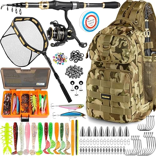 PLUSINNO Fishing Rod and Reel Combo, Backpack, Net, Bag with Rod Holders and Tackle Box for Freshwater/Saltwater, Fishing Gifts for Men