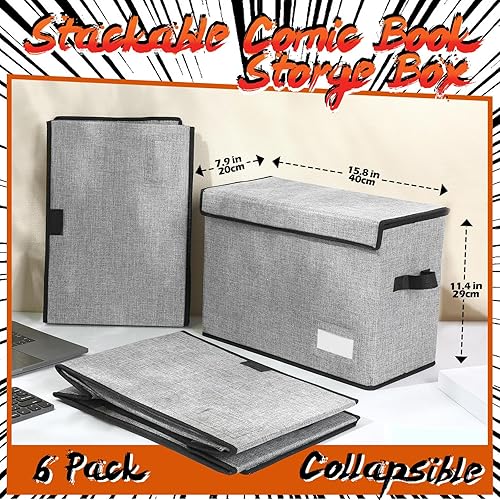 Miniatura 2 de Chuangdi 6 cajas de almacenamiento de cómics, caja corta plegable de cómic con tapa, contenedor de 15.8 x 7.9 x 11.4 pulgadas con capacidad para 150