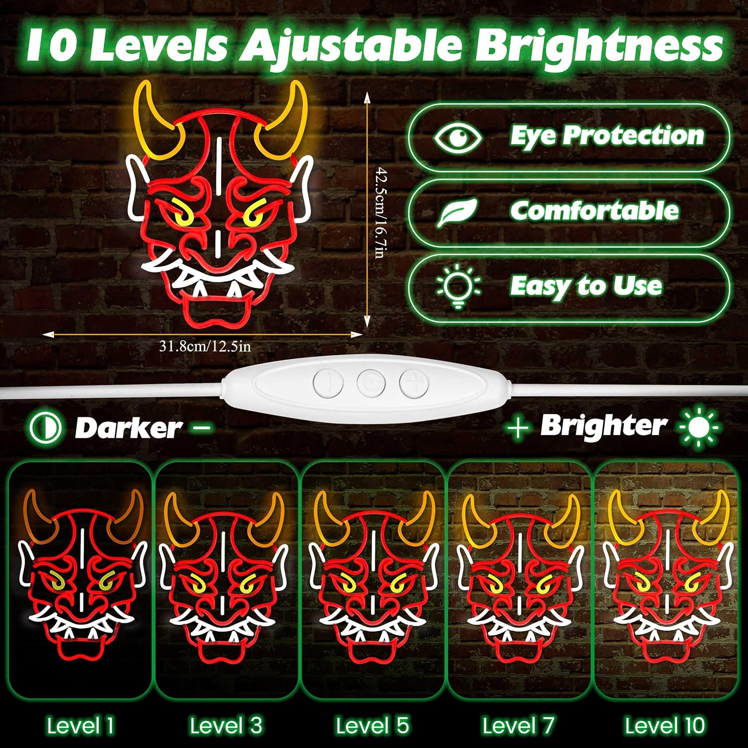 LED Neon Devil Mask Wall Sign, Japanese Hannya Mask Neon Sign for Wall Décor,Red and Yellow, Decorative Light Art,Dimmable LED Neon Tattoo Studio Sign - USB Anime Demon Art Light for Man Cave - Image 2