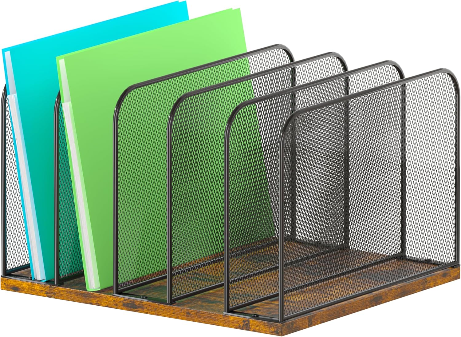 Piskyet Wooden Desk File Organizer, 7-Section Vertical File Folder Holder Stand,Metal Mail Paper Chromebook Organizer for Teacher Desk Office Classroom Desktop Organization