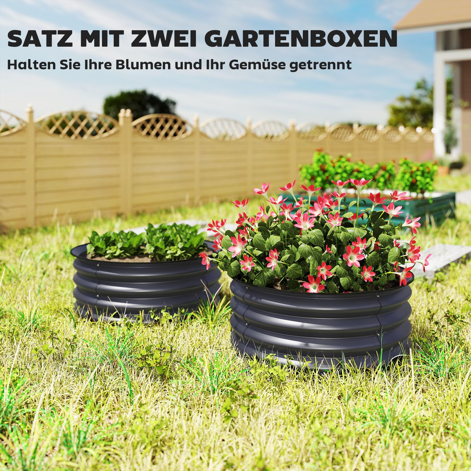 Outsunny 2er-Set Hochbeet aus Stahl Blumenkasten Rund Ø60x30cm Dunkelgrau