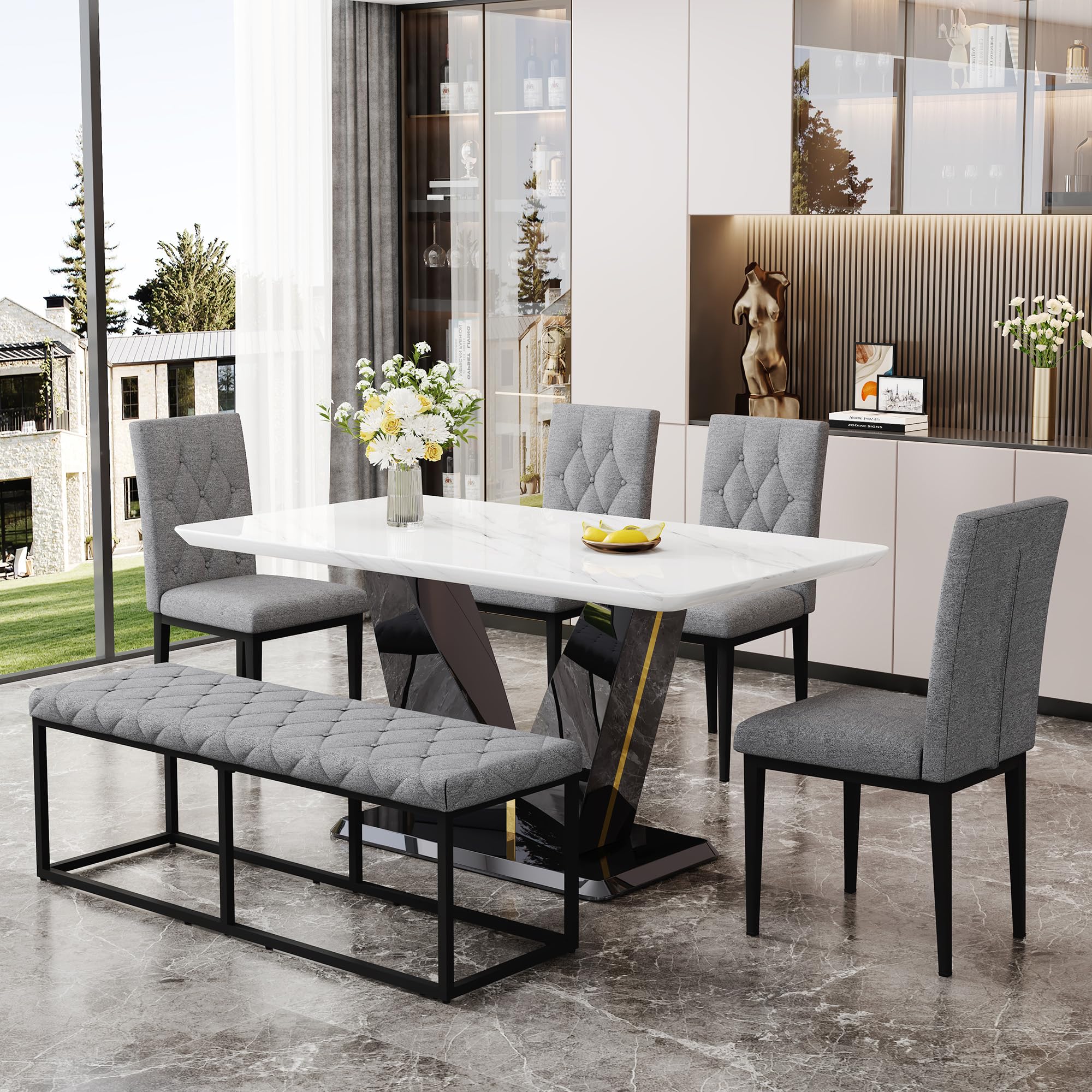 Modern Dining Table Set with Bench,6 Piece Marble Dining Table Set with Bench and 4 Chairs,White Marble Tabletop with V-Shaped Golden Base,63"