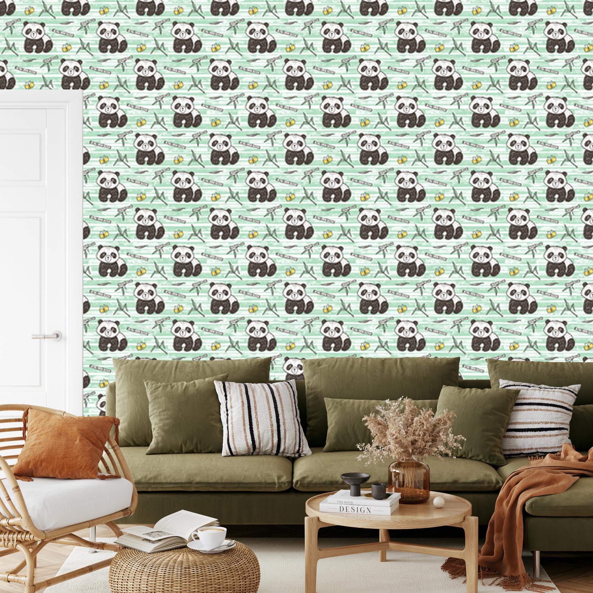 Vliestapete Pandas auf grünem Hintergrund 50 x 1000 cm | Ausdrucksstarke Bildgestaltung; Charaktervoller Raumschmuck; Harmonische Akzentfläche; Kleister im Set