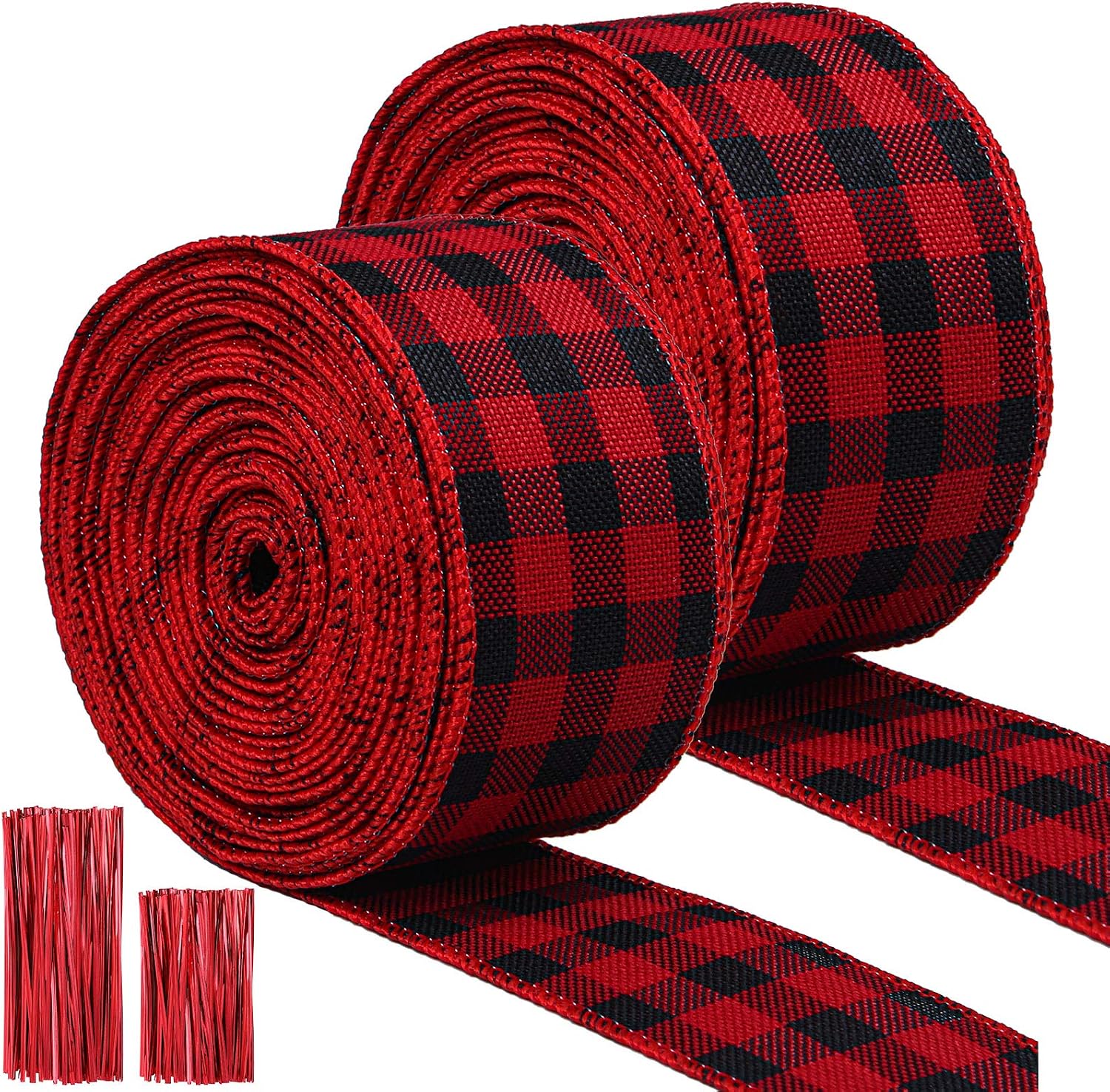 URATOT 2 Rolls Christmas Gingham Wired Edge Ribbons Plaid Burlap Wrapping Ribbon with Twist Ties for Craft Supplies Christmas Floral Bows Party Decoration