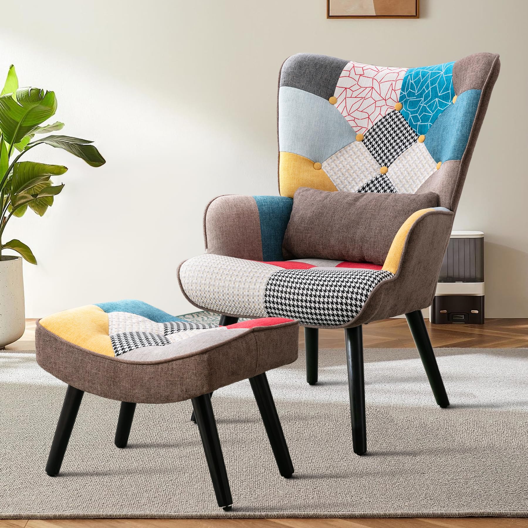 Relaxsessel mit Hocker Patchwork Sessel Holz Sessel Wohnzimmer moderner Ohrensessel mit Massivholzfüße Fernsehsessel Leinen Loungesessel Stuhl Braun