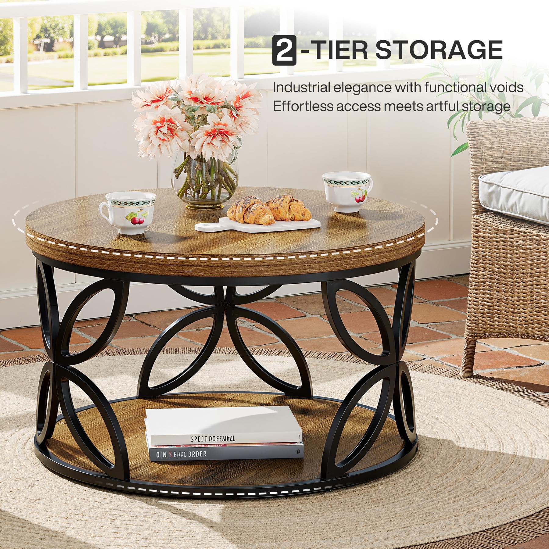Tribesigns Couchtisch Rund 80 cm mit Stauraum, Runder Couchtisch mit Ablage, 2 Ebenen Wohnzimmertisch im Landhausstil, Sofatisch Holz Metall für Wohnzimmer, Büro, (Rustikal Braun)