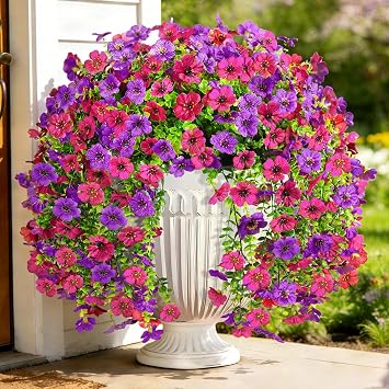 HCTCPALS 32Stems Artificial Hanging Flowers for Outdoors, UV Resistant Faux Silk 2Pcs Purple+Rose Red for Porch, Patio, Balcony