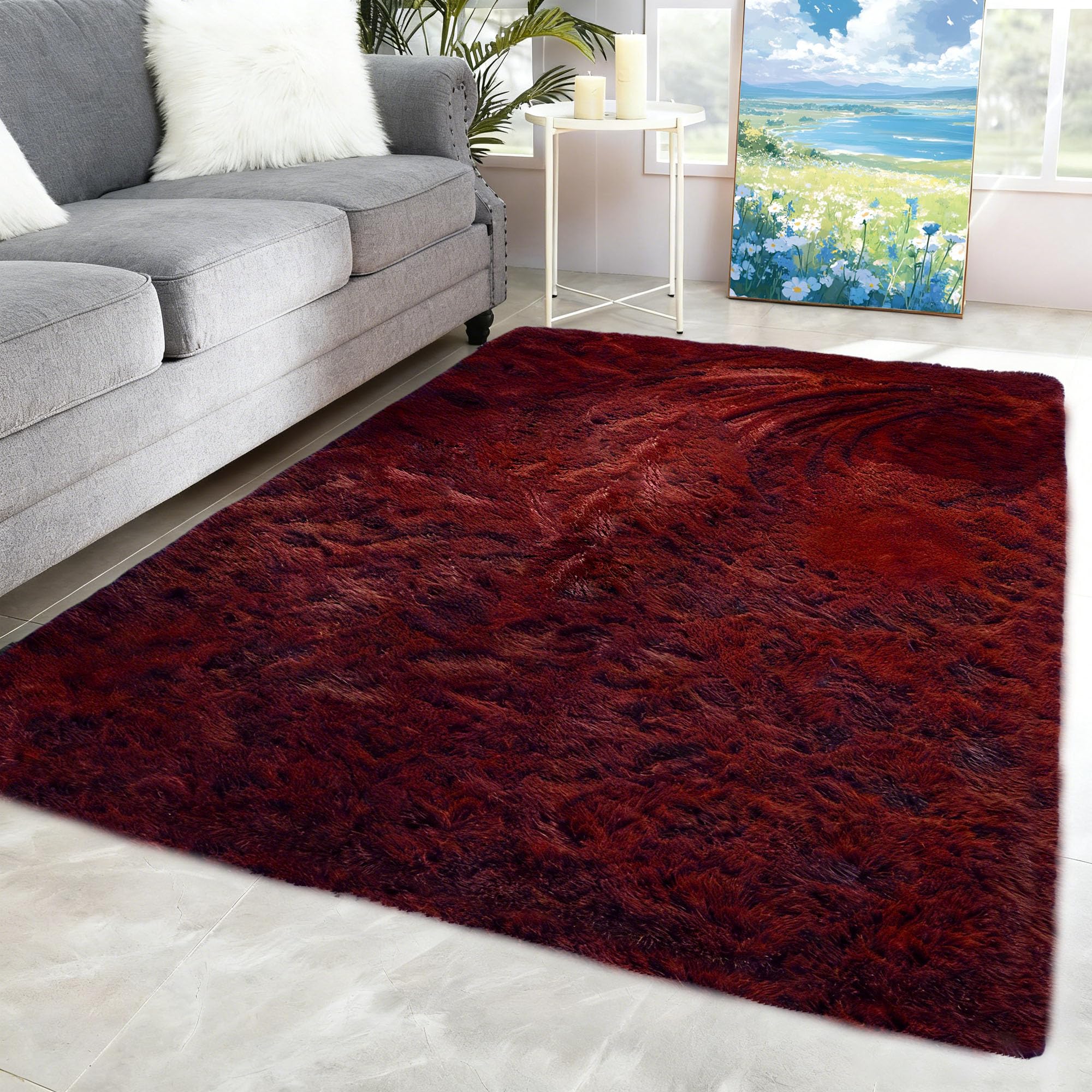 PSHCEE Shaggy Teppich Wohnzimmer 230 x 300 cm Flauschiger Kuscheliger Shaggy Flauschiger Teppich Pflegeleicht Und Robust für Schlafzimmer Kinderzimmer, Bettvorleger Matte, Weinrot Home & Kitchen