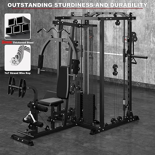 Miniatura 6 de Equipo multifuncional de entrenamiento para gimnasio en casa, máquina todo en Smith con pila de peso de 150 libras y cruce de cables, prensa de