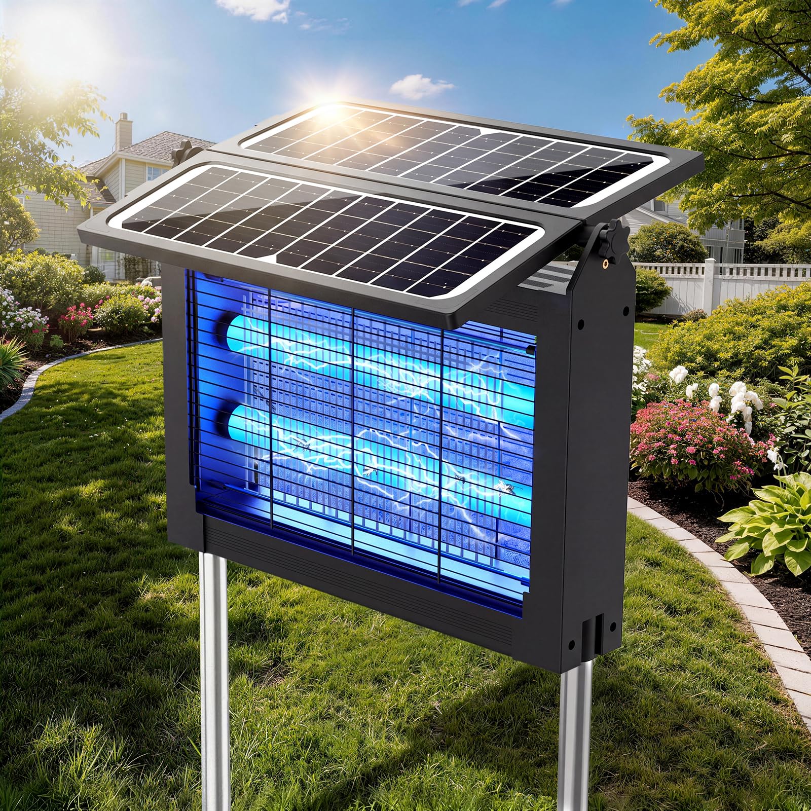 Eliminador de insectos para exteriores con panel solar grande, 4500 V, exterminador de mosquitos al aire libre, 4000 mAh, recargable, matamoscas inalámbrico, impermeable para patio, jardín