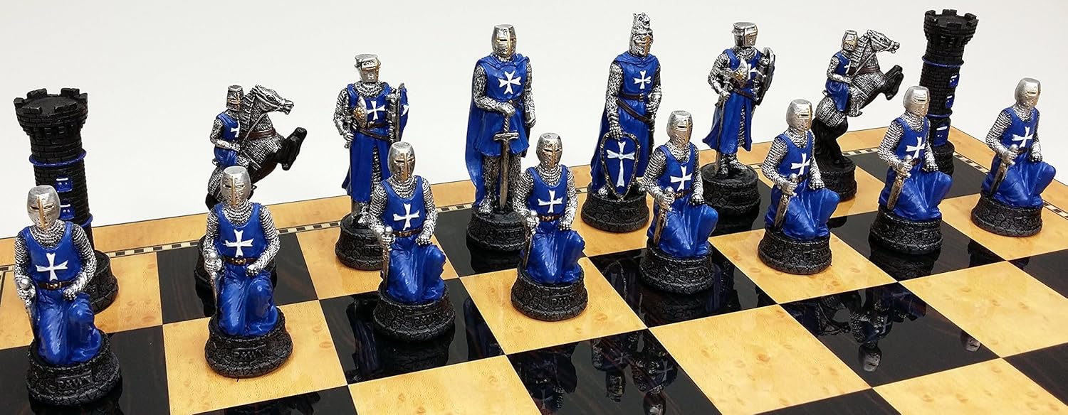 Blue & White Medievel Times Crusades Warrior Knight Chess Set W/ 17" High Gloss Walnut Color Storage Board