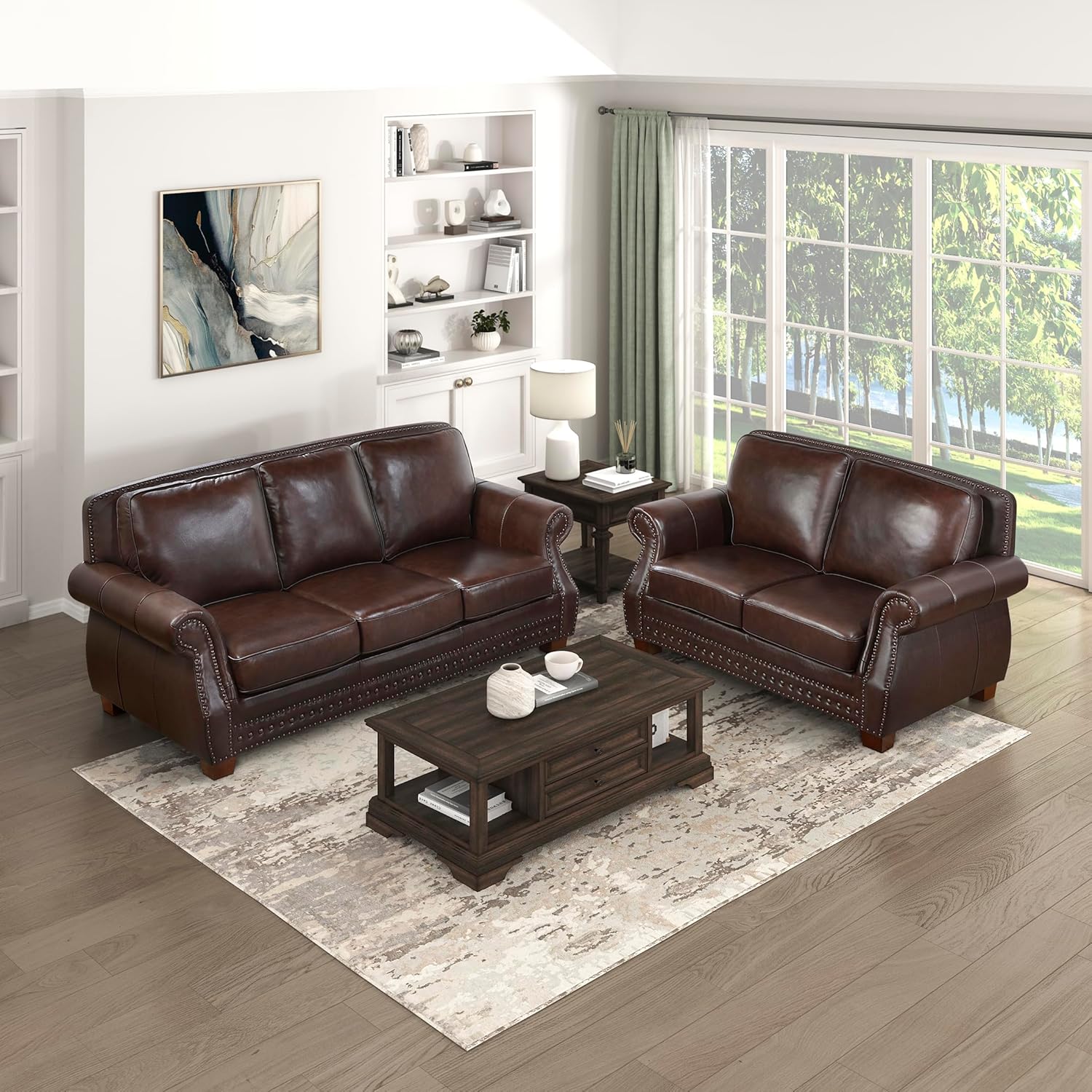 Lexicon 2 Piece Living Room Furniture Sets, Top Grain Leather Match Living Room Sofa Set, Nailhead Trim, Rolled Arms, Solid Wood Legs, Comfy Couches Including Loveseat & Sofa, 2 Pieces, Brown