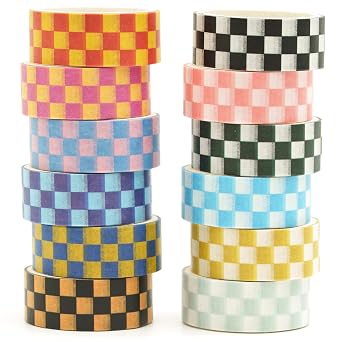 12 Rolls Grid Washi Tape Set Plaid Arts Adhesive Tapes Basic Patterns Decorative Masking Tape Sets for Craft, Kids, Scrapbook, DIY, Gift Wrapping Style Two