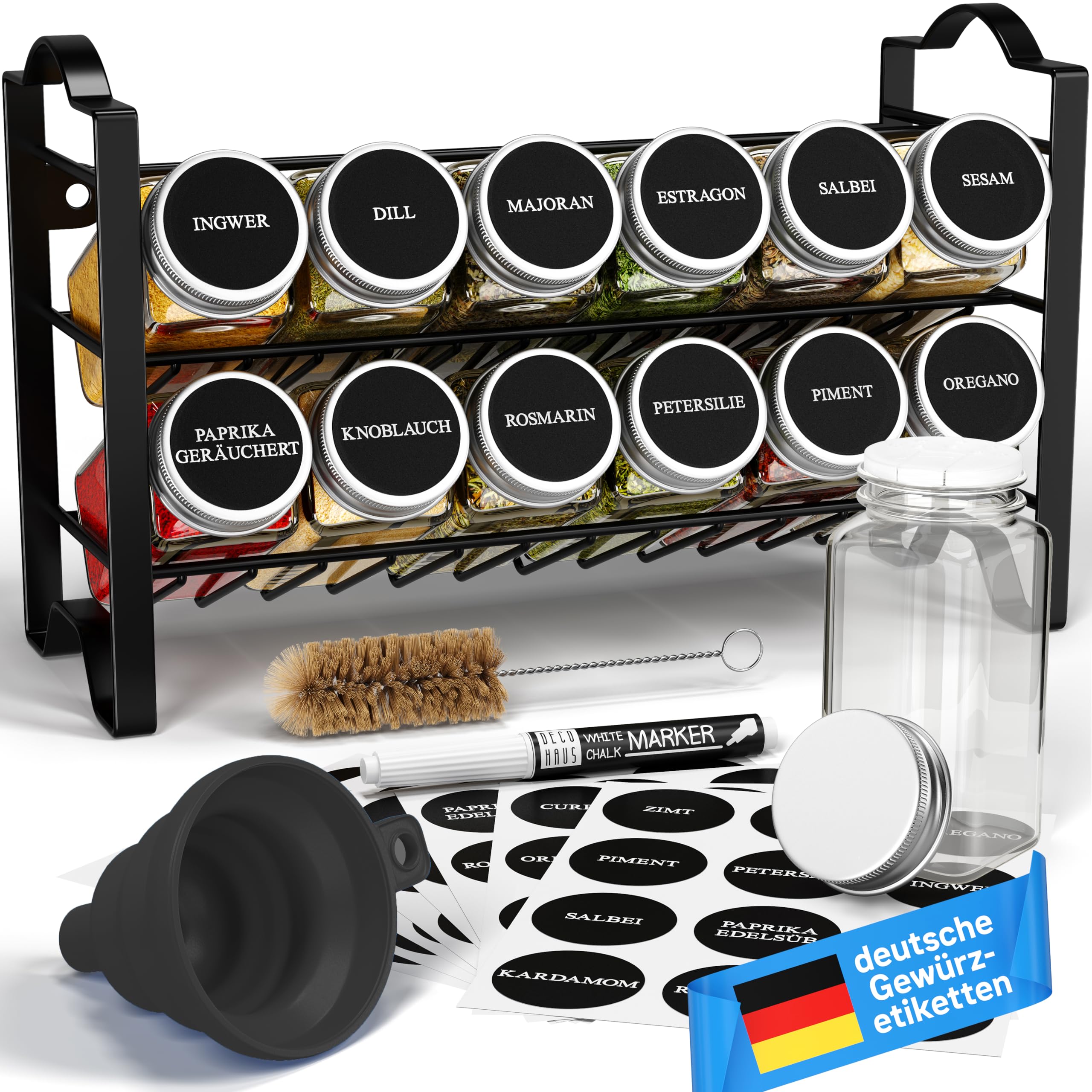 Deco haus® Gewürzregal Stehend & Wand [MIT GEWÜRZDOSEN & ETIKETTEN] - Gewürz Organizer - Spice Rack Organizer - Gewürzständer - Gewürzregalsystem Hängend - Gewürzaufbewahrung - Gewürzgläser mit Regal