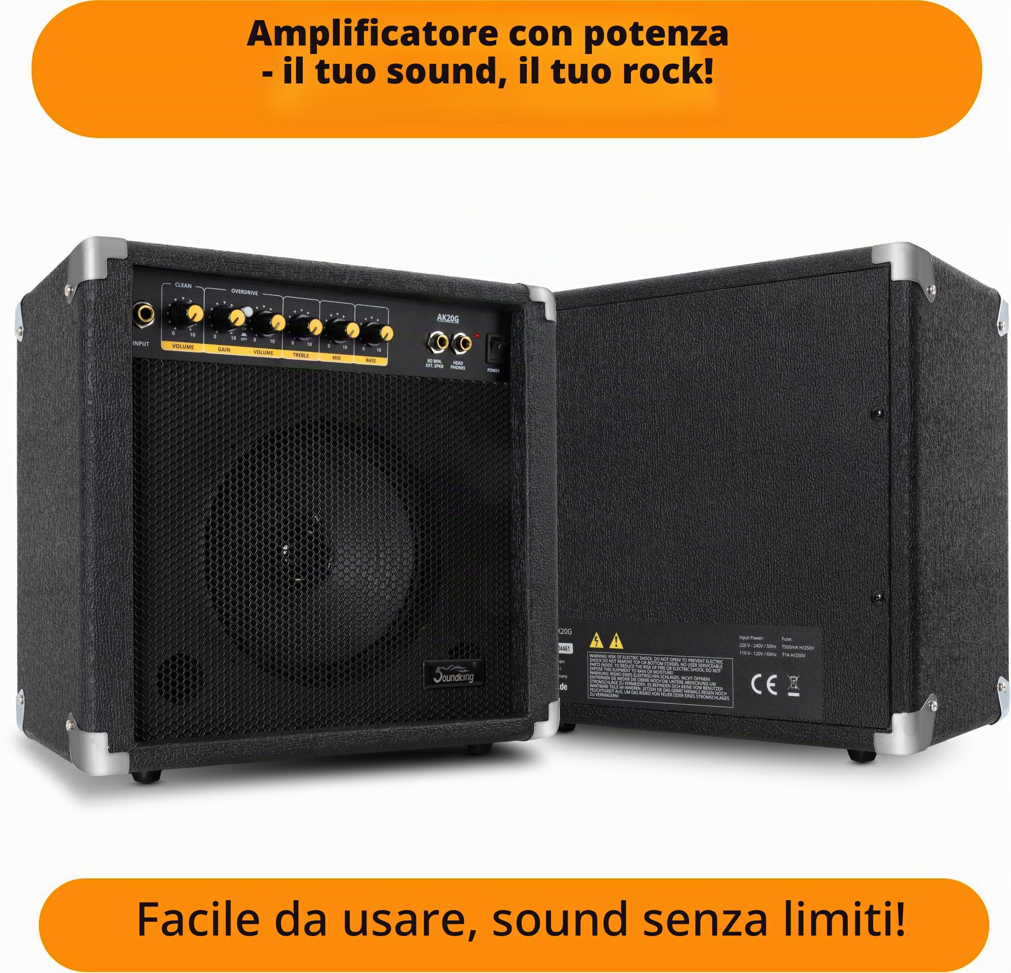 Soundking AK20-G Amplificatore per Chitarra, 2 Canali (Clean & Overdrive) | Potenza: 60 Watt (Peak Power), Speaker 8", Controlli: Gain, Canale, Treble, Middle, Bass, 2x Volume, Uscita cuffie jack 6