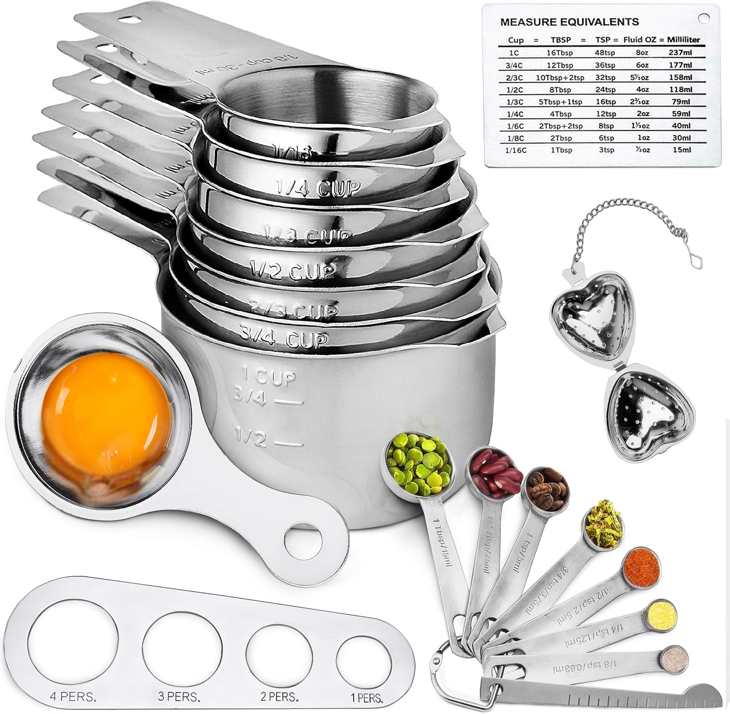 Cookson Stainless Steel Measuring Cups and Spoons Set of 21 Pieces - Professional Durable Kitchen Measuring Set for Liquid Wet, Dry Ingredients - Measuring cup sets