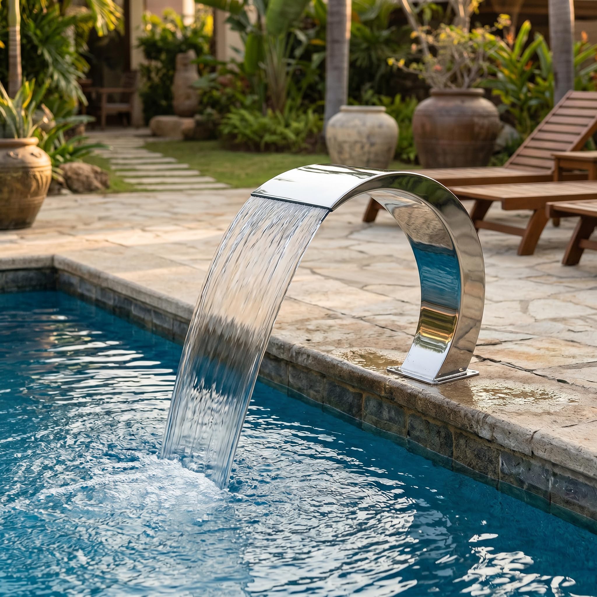Wasserfallbrunnen für Pool, mit Innengewinde, G1 Edelstahl 304 abgerundetes und gebogenes Design, Außenpoolbrunnen für Spielplatz