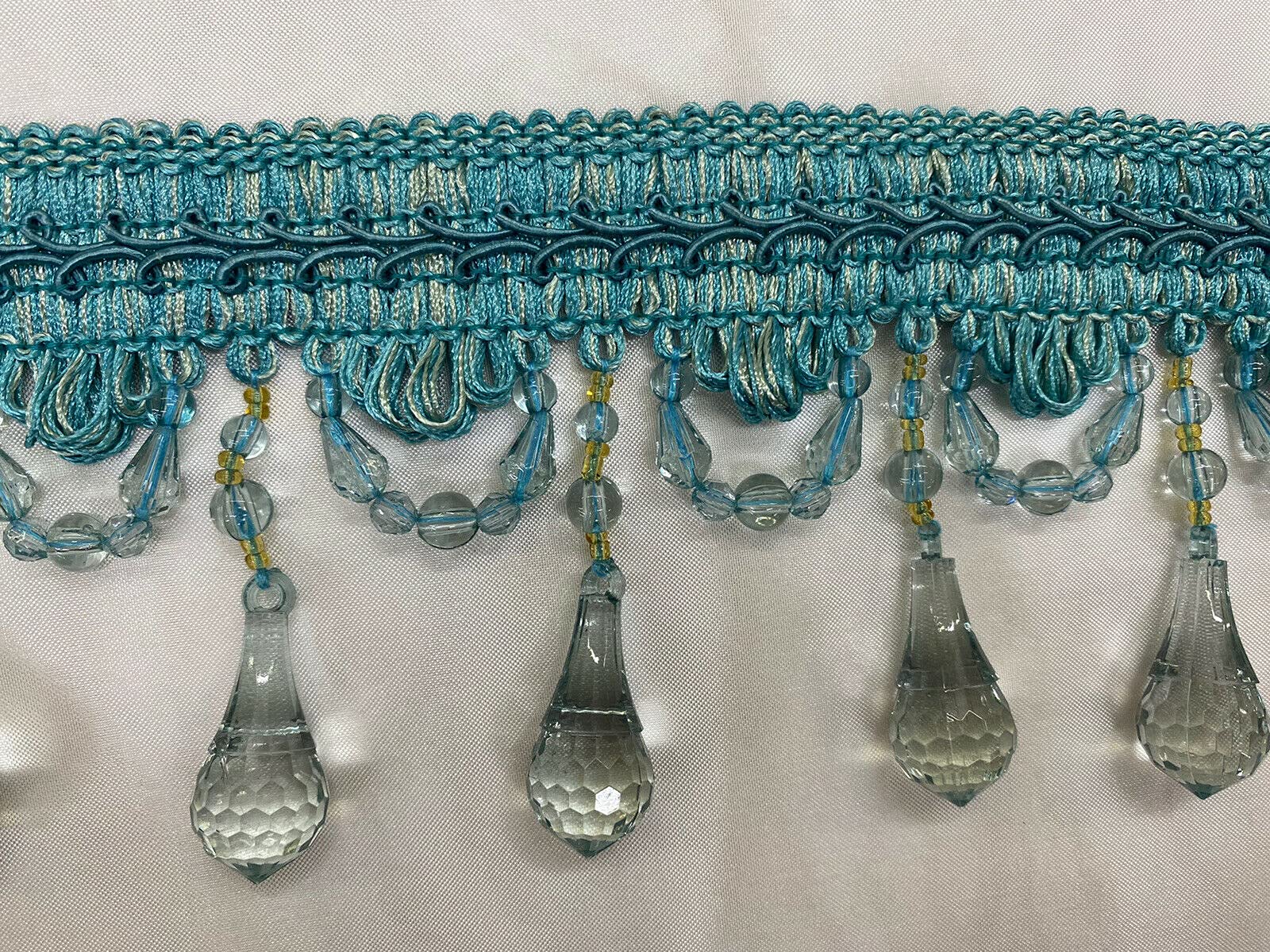 Tear Drop Beaded Trim Fringe W/Gimp Top Sold by The Yard - Turquoise Blue