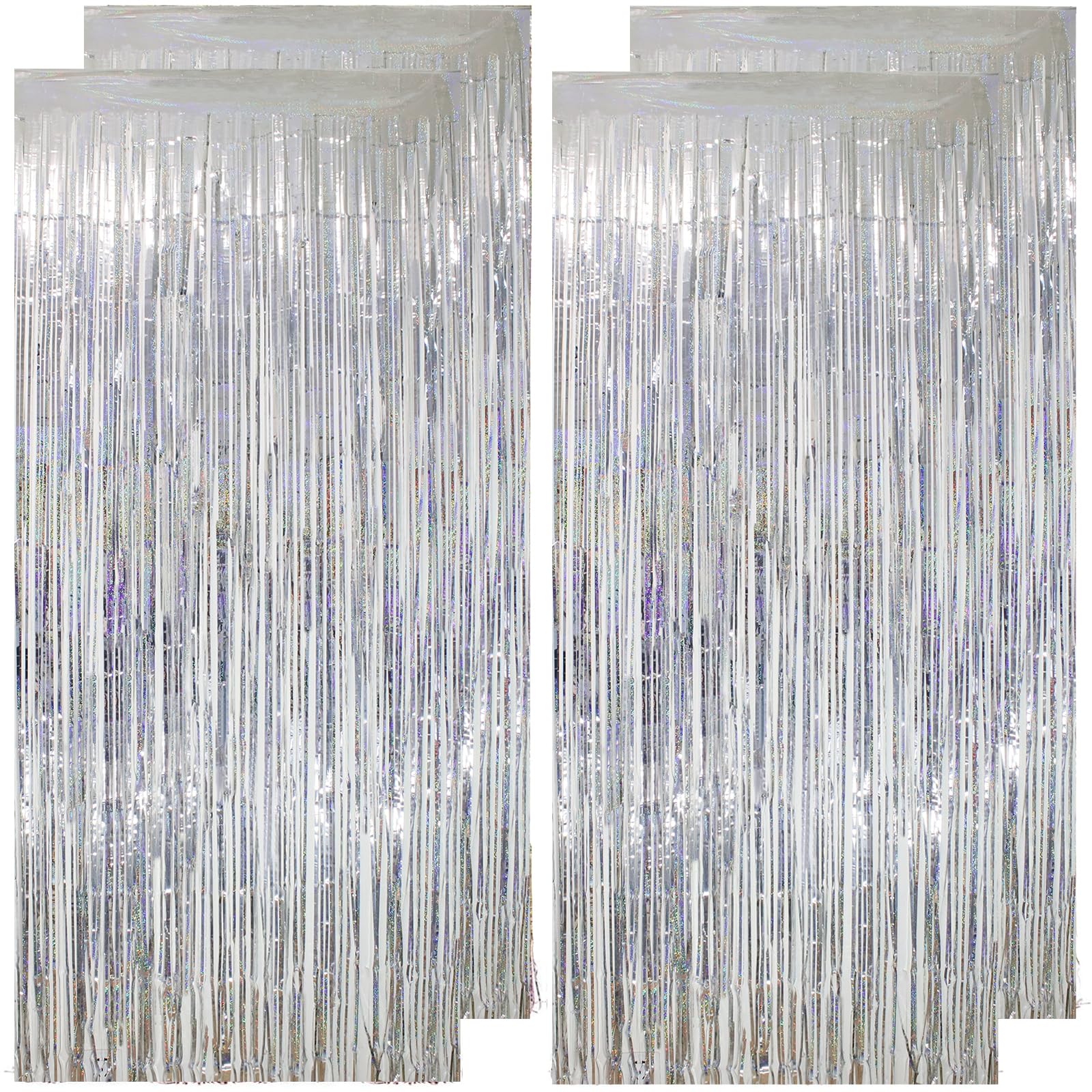 4Pcs 3.3ft x 8.2ft Foil Curtain Decoration, Silver Glitter Metallic Tinsel Foil Fringe Curtains Backdrop Streamers for Wedding Baby Shower Birthday Party Decorations