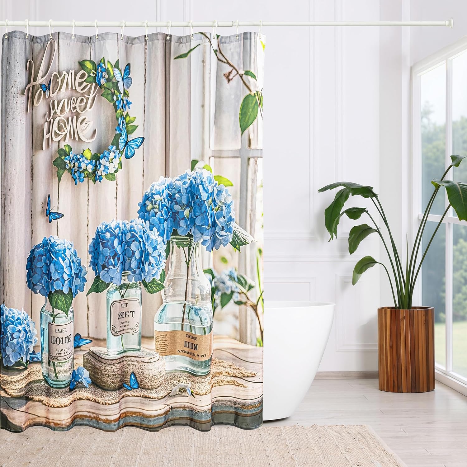 3 in 1 Shower Curtain and Tension Rod Set with Curtain Rings, Bathroom Shower Curtain 70x70 Inch with Flower Vases Pattern 1 Piece, Heavy Duty Tension Rod Adjustable 28" to 89.5"