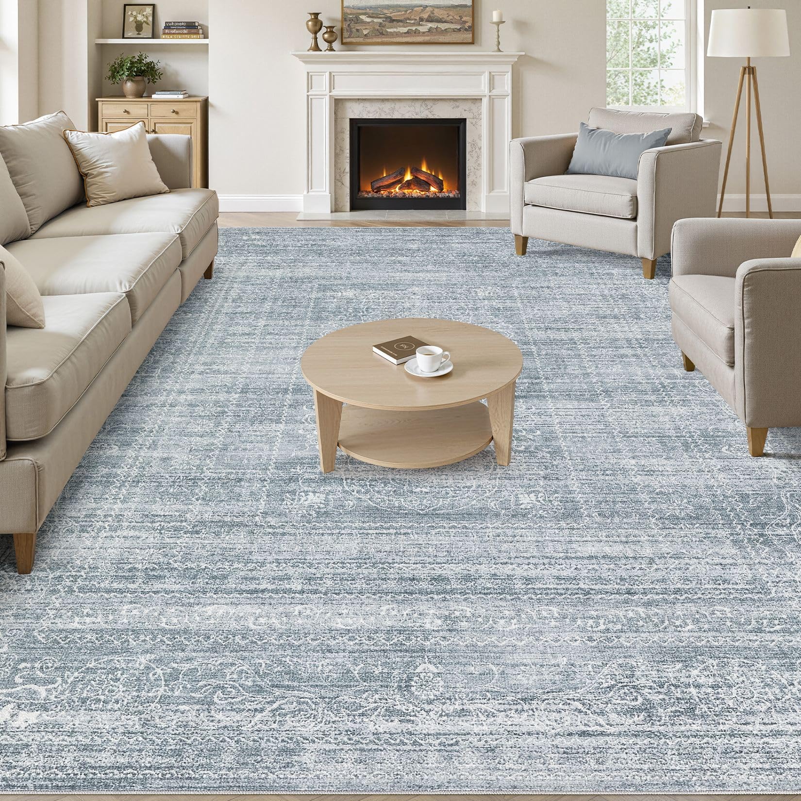 5x7 Area Rugs Living Room: Washable Large Vintage Beige Rug Neutral Non-Slip Soft Stain Resistant Indoor Carpet for Bedroom Nursery Dining Room Under Table Bed Home House Office Playroom — view 19