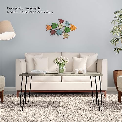 Miniatura 4 de Lavish Home Mesa de centro con patas de horquilla, decoración del hogar de estilo industrial moderno, aspecto de grano de madera y acento de acero,