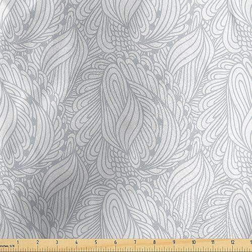Ambesonne Tela gris y blanca de The Yard, patrón de hojas botánicas estilo garabato ornamental, tela de satén decorativa para textiles para el hogar
