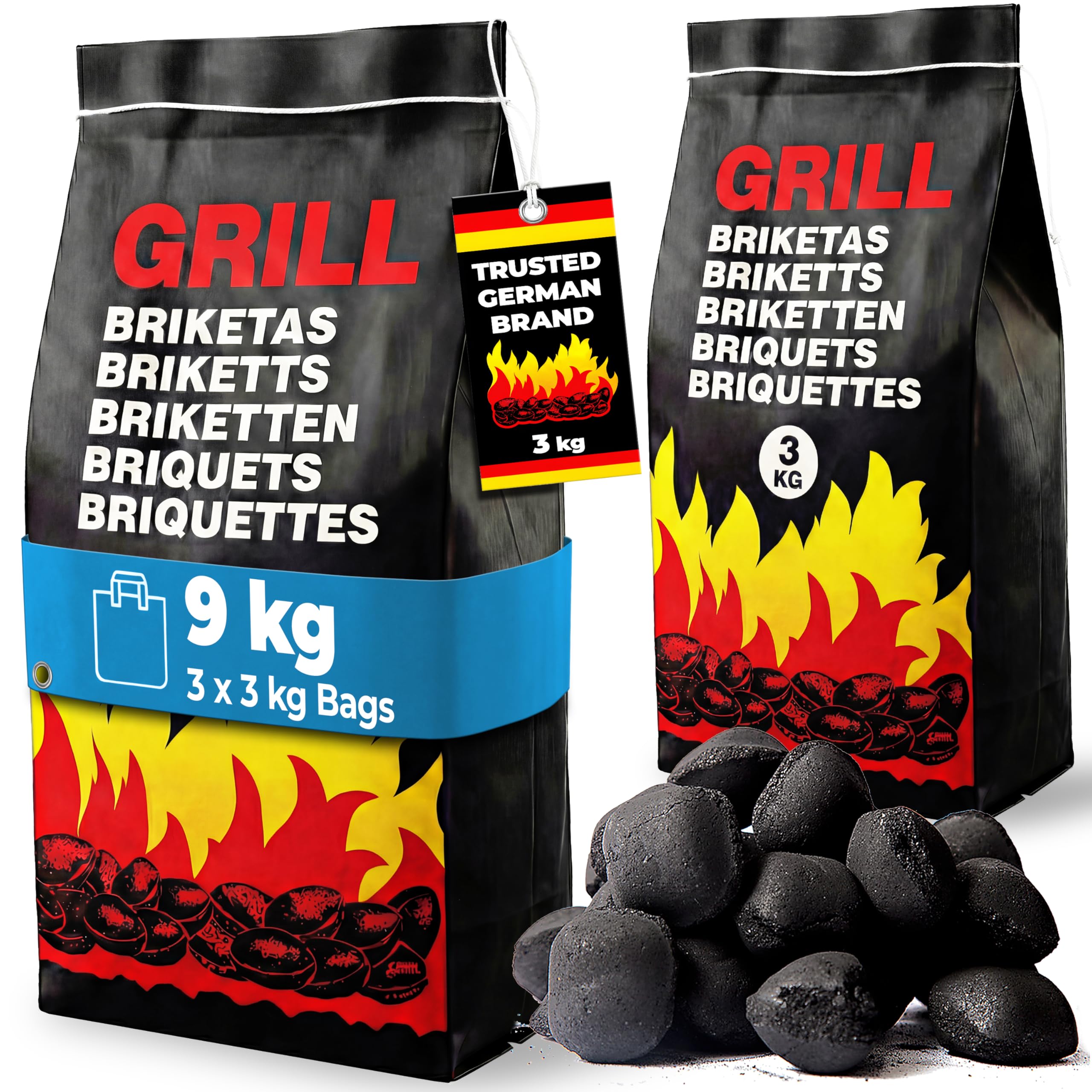 DEUBA® 9KG BBQ Charcoal Briquettes | Long Burning | Low Smoke | Kindling Wood Alternative | Fire Lighters for Barbecue Fire Pit Fireplace Log Burner Pizza Oven | Premium Grill Cooking | 3x 9kg Bags