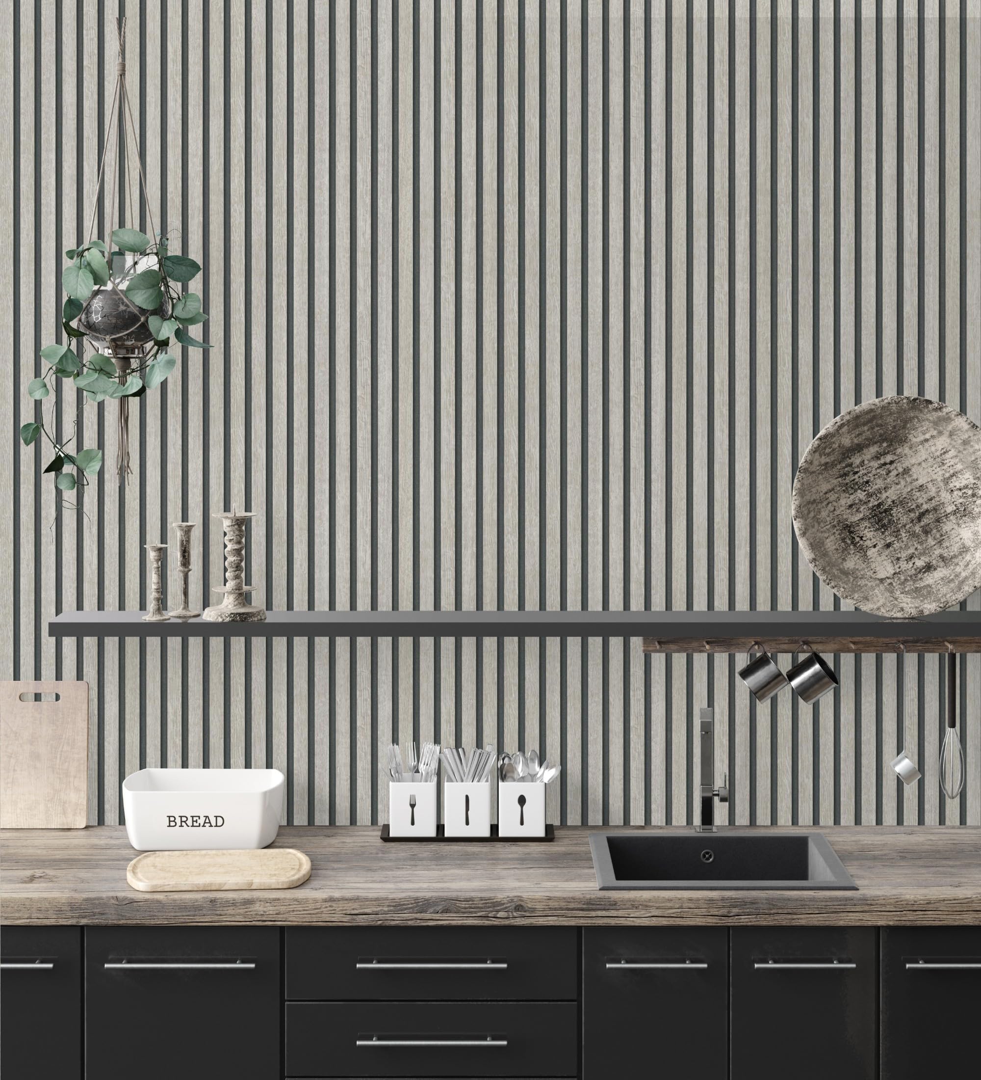 GAULAN 682664 - Papel pintado de listones de madera gris imitando el diseño de palillería para pared salón cocina baño dormitorio pasillo - Rollo de 10 m x 0,53 m