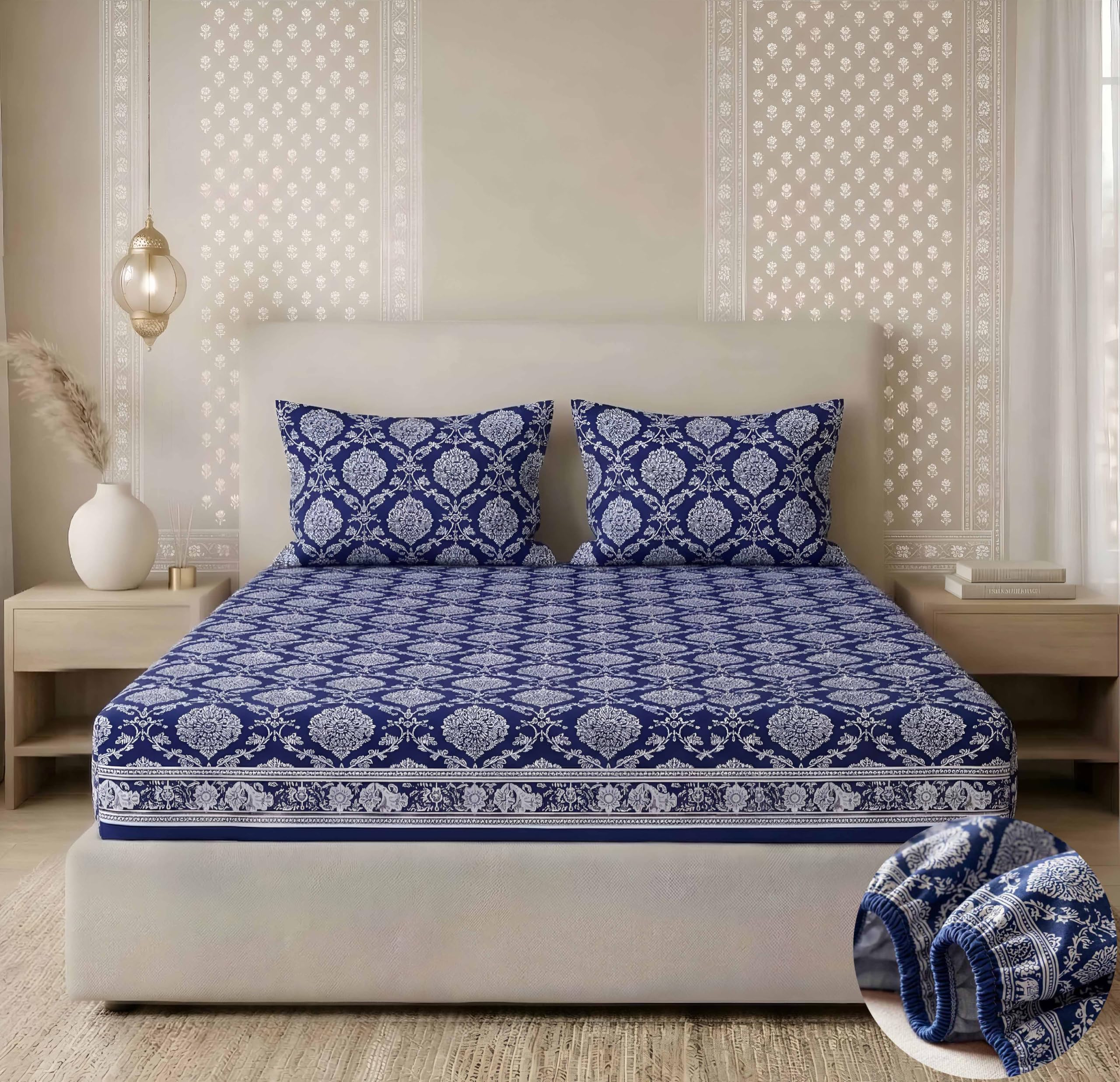 VAS COLLECTIONS 180 TC Cotton Fitted Bedsheet Double Bed (72x78+8 Inches) with 2 Pillow Covers – Soft Breathable Skin Friendly Jaipuri Printed Elastic Fitted Bed Sheet, Indigo & Frost-image-8