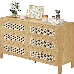 GOOBED Natural Rattan 6 Drawer Dressers Wooden Chest of Drawers with Golden Handles - Modern Large Boho Dressers Storage Cabinet for Living Room Hallway/Entryway Oak