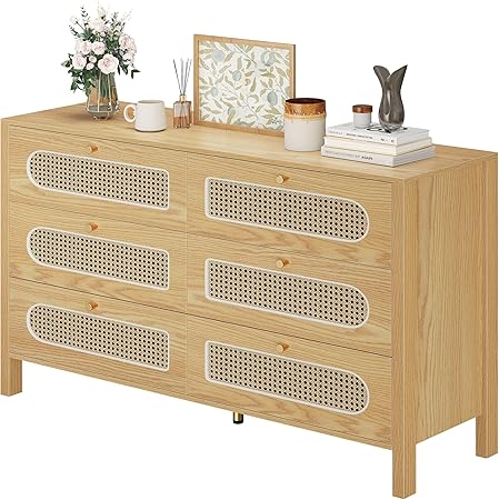 GOOBED Natural Rattan 6 Drawer Dressers Wooden Chest of Drawers with Golden Handles - Modern Large Boho Dressers Storage Cabinet for Living Room Hallway/Entryway Oak