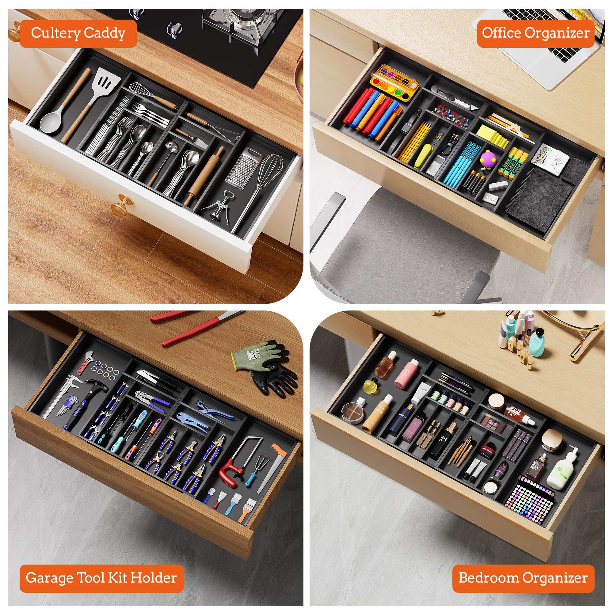 Organizer na sztućce, duży, magnetyczny, rozszerzalny, 13 przegródek, organizer do szuflad, od 51 do 81 cm, regulowany uchwyt na sztućce i sztućce, bambusowa taca na przybory kuchenne czarna