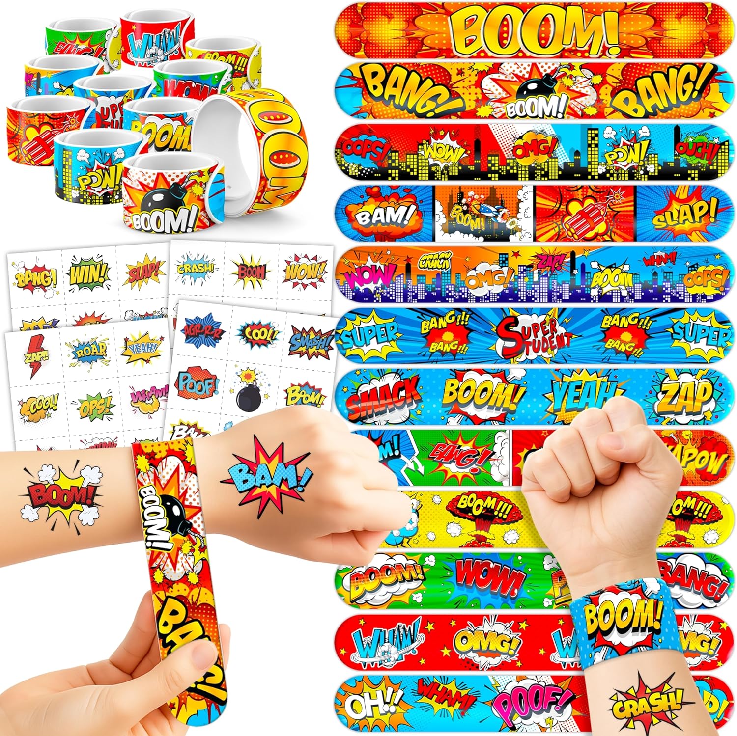Cherisnowy 72PCS Hero Party Set - 48PCS Temporary Tattoos & 24PCS Slap Bracelets - Themed Pow Birthday Supplies, Baby Shower Gifts, Classroom Rewards & Party Decor for Kids