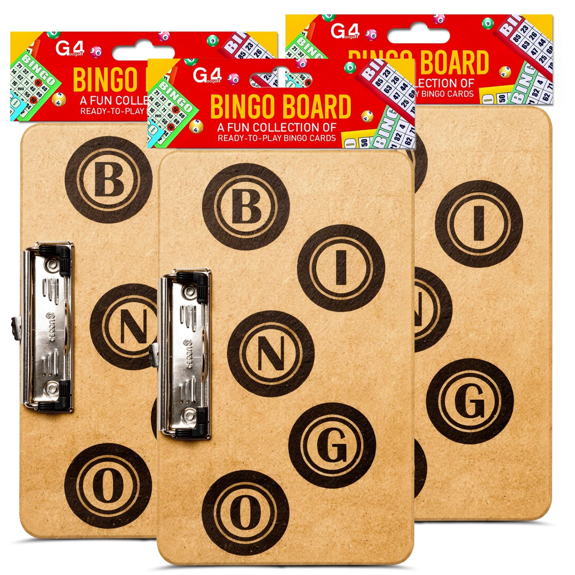 G4GADGET Bingo Board with Clip Pack of 3 – Wooden Hardboard Bingo Card Holders, Strong Metal Clip Boards for Bingo Books & Cards, Portable Writing Boards, 30 x 17 x 1.4 cm