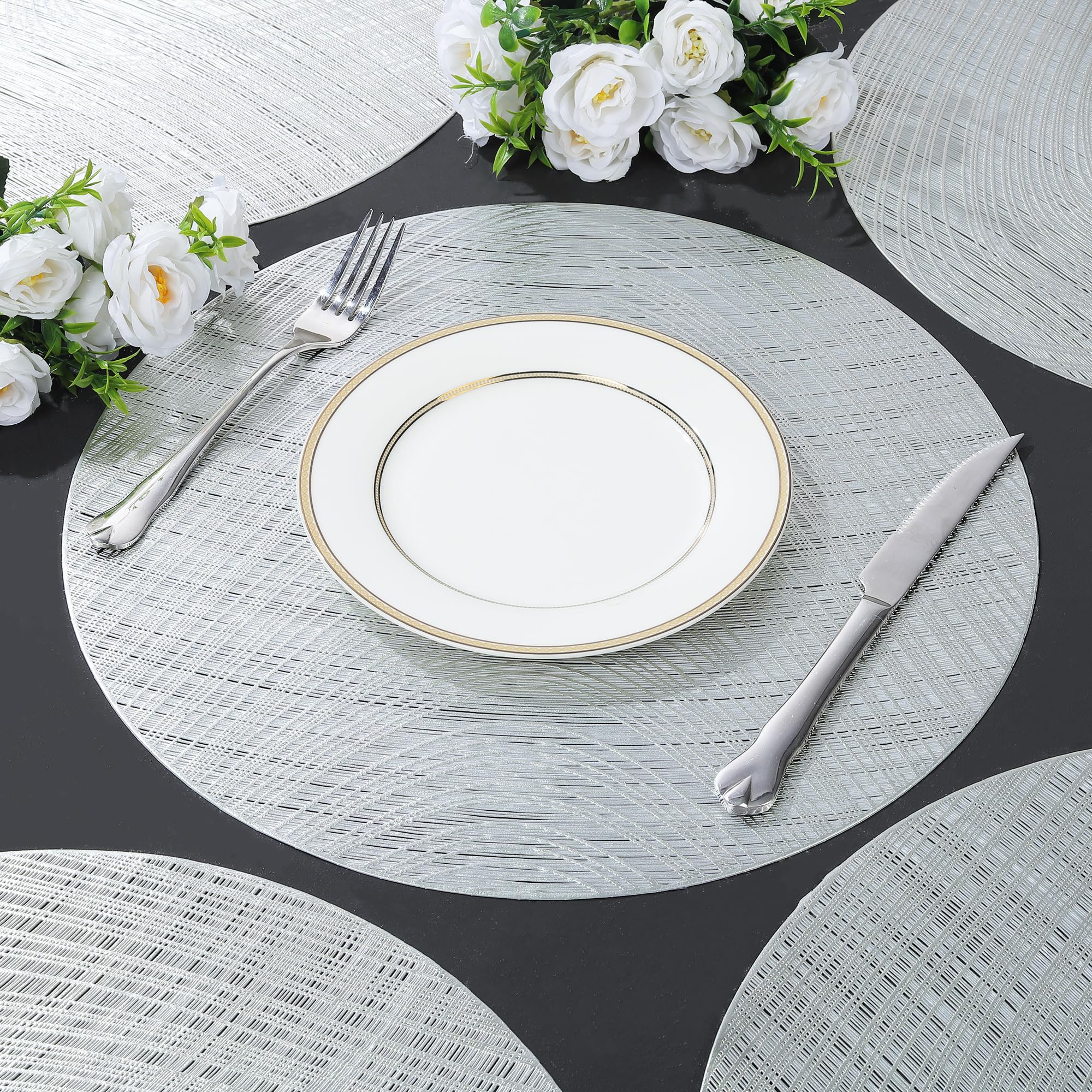 fanquare Tovagliette Rotonde 39 cm Oro Set di 6 in Vinile con Stampa Metallo e Fiore di Loto, Decorazioni per Tavola da Pranzo, Feste, Matrimoni e Centrotavola