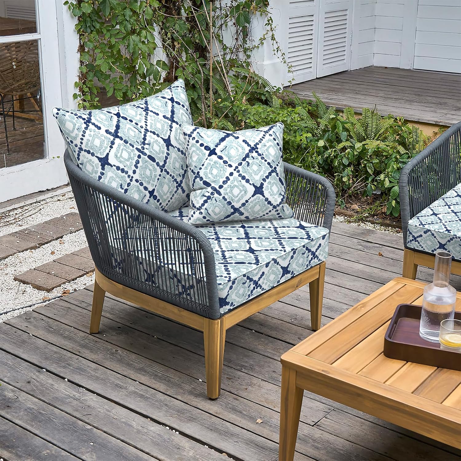 LVTXIII Outdoor Deep Seat Cushion Patio Seat and Back Cushion Set Seasonal Chair Cushion with Removable Cover and Adjustable Buckle for Home and Garden, 24"x24"x4", Boho Geometry Blue