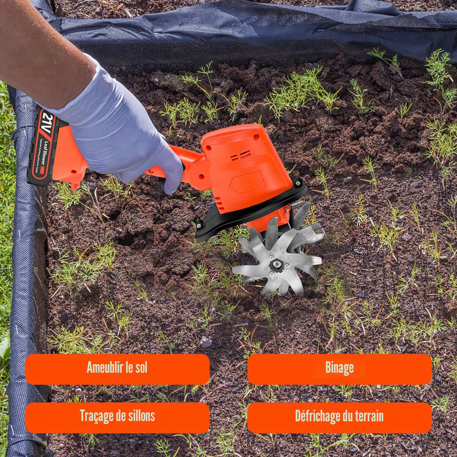Motobineuse Électrique sans Fil,Portable Motoculteur Compatible avec Batterie 21V (sans Batterie),550W 235RPM,Largeur/Profondeur De Travail 10/10cm,Cultivateur pour Potager,Yard,Culture du Sol
